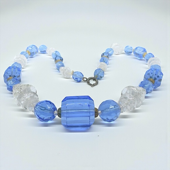 Vintage Art Deco Blue Art Glass & Rock Crystal Necklace - Picture 5 of 14